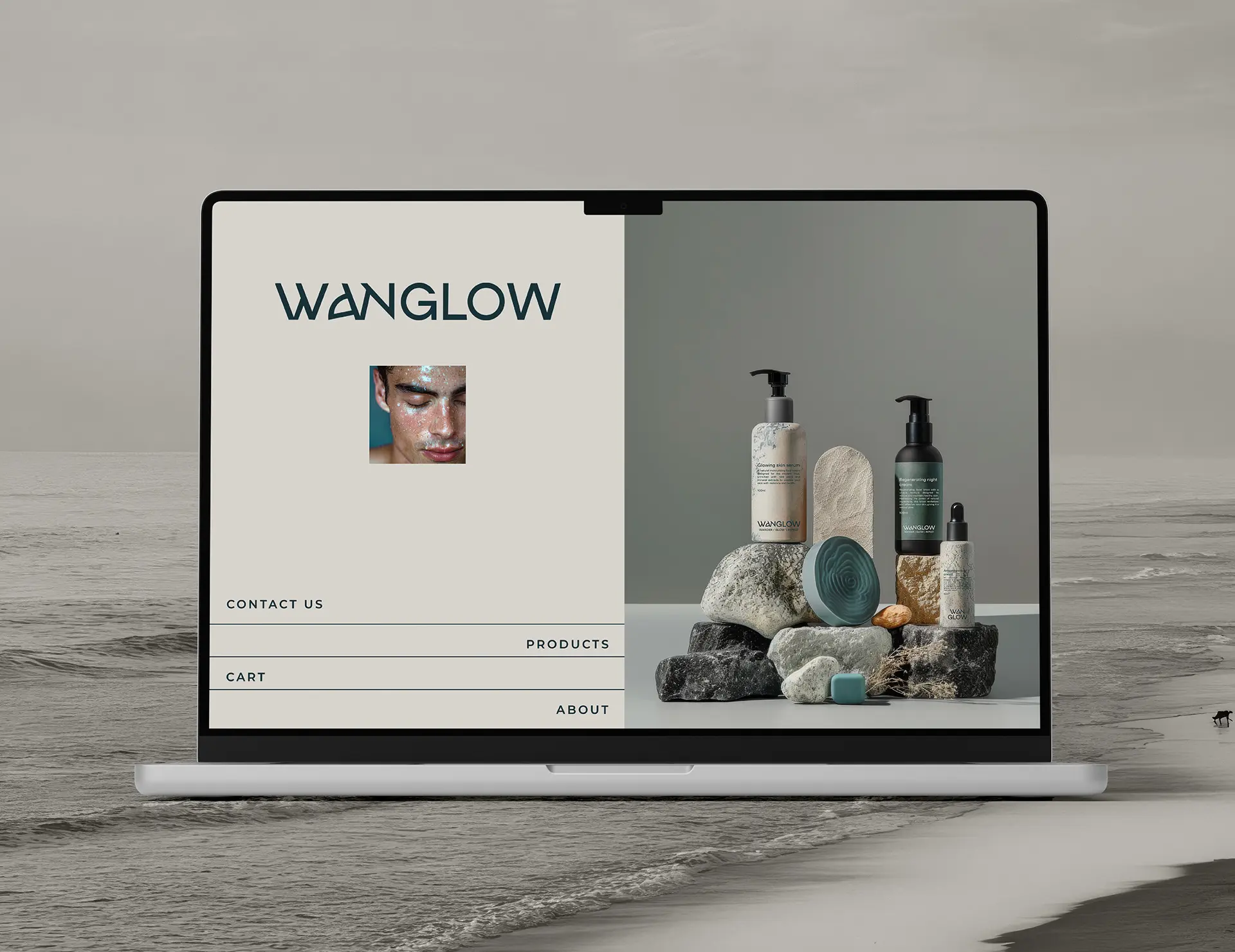 Website design for Wanglow premium men's skincare brand showing homepage layout with product photography