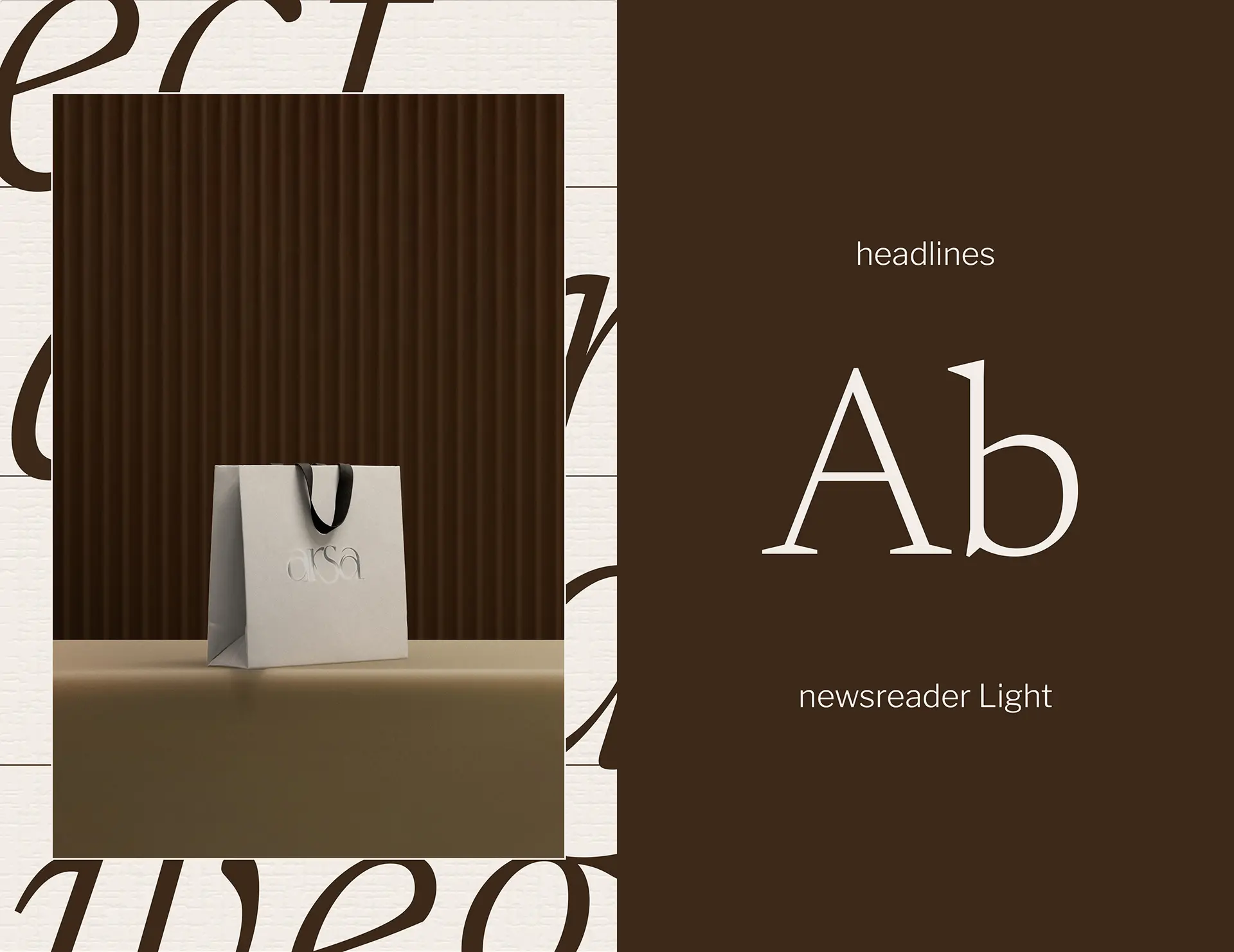 Typography and brand collateral design for Arsa clothing label showing shopping bag and typeface selection