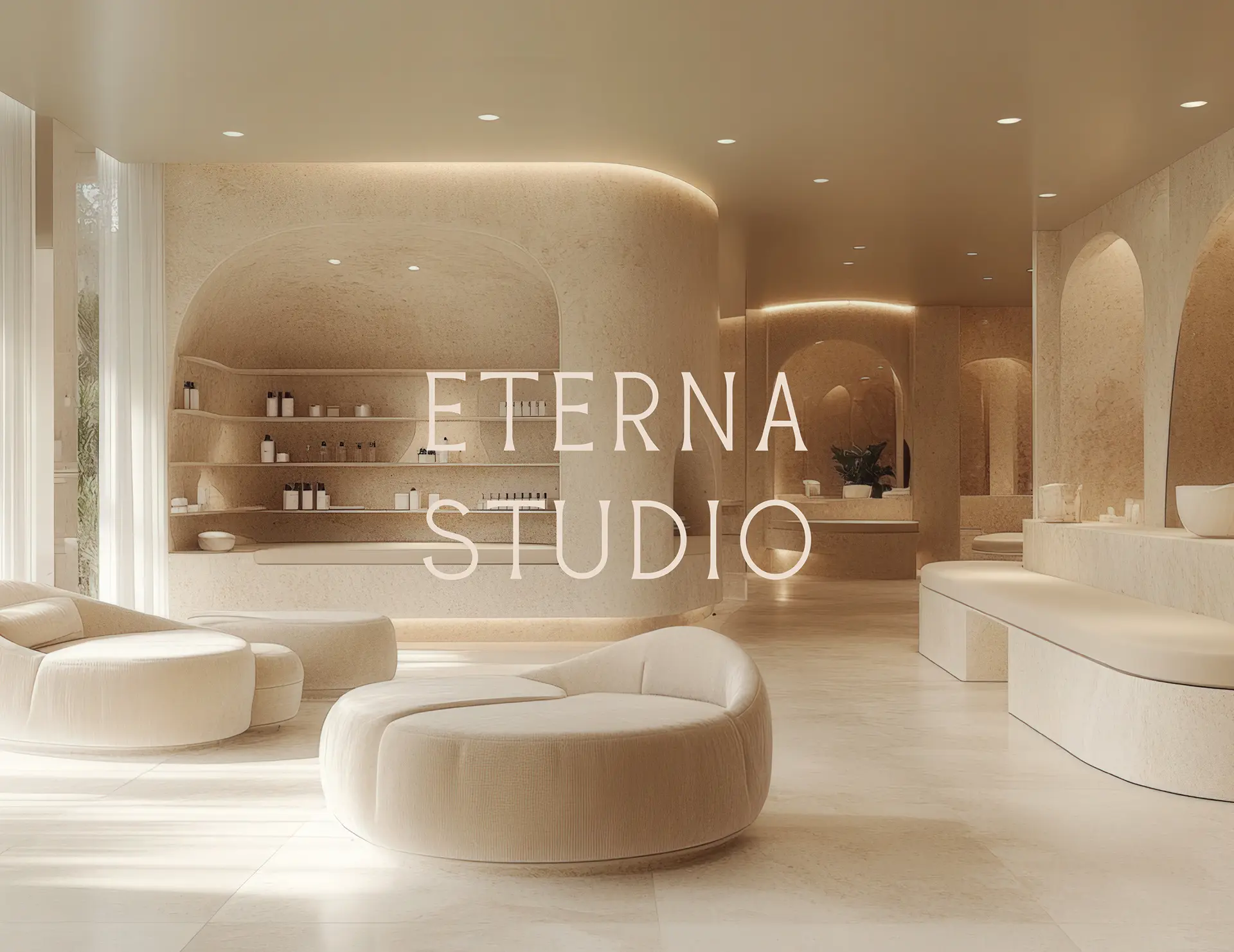 Eterna Studio luxury interior design project showing high-end residential space with brand identity overlay