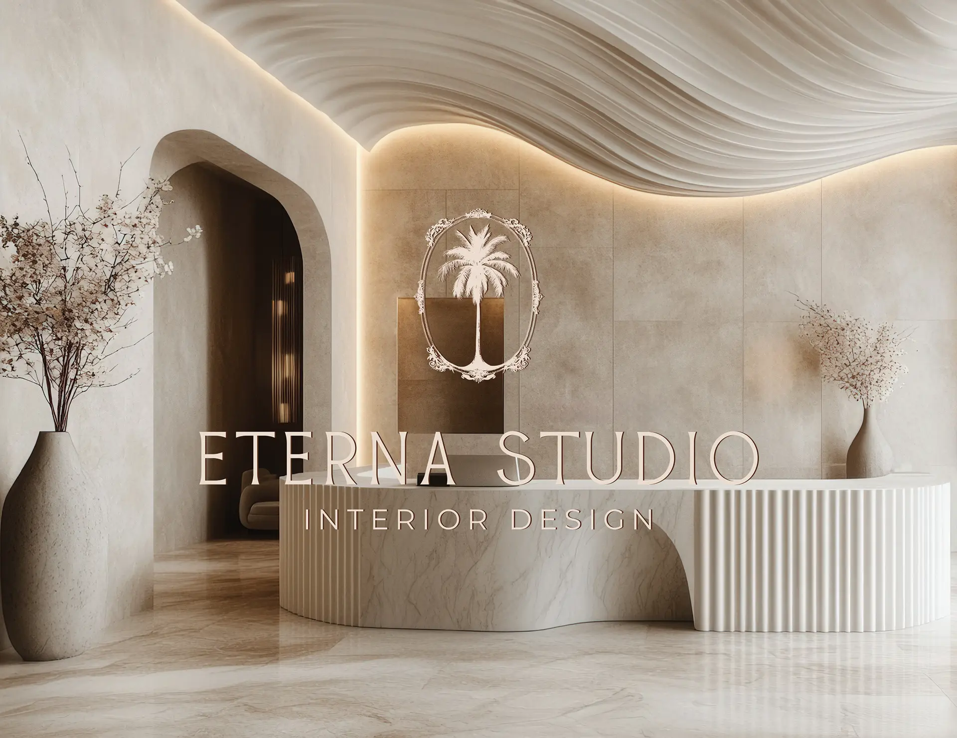 Brand identity and logo design for Eterna Studio Miami interior design studio showing logotype applied to luxury interior