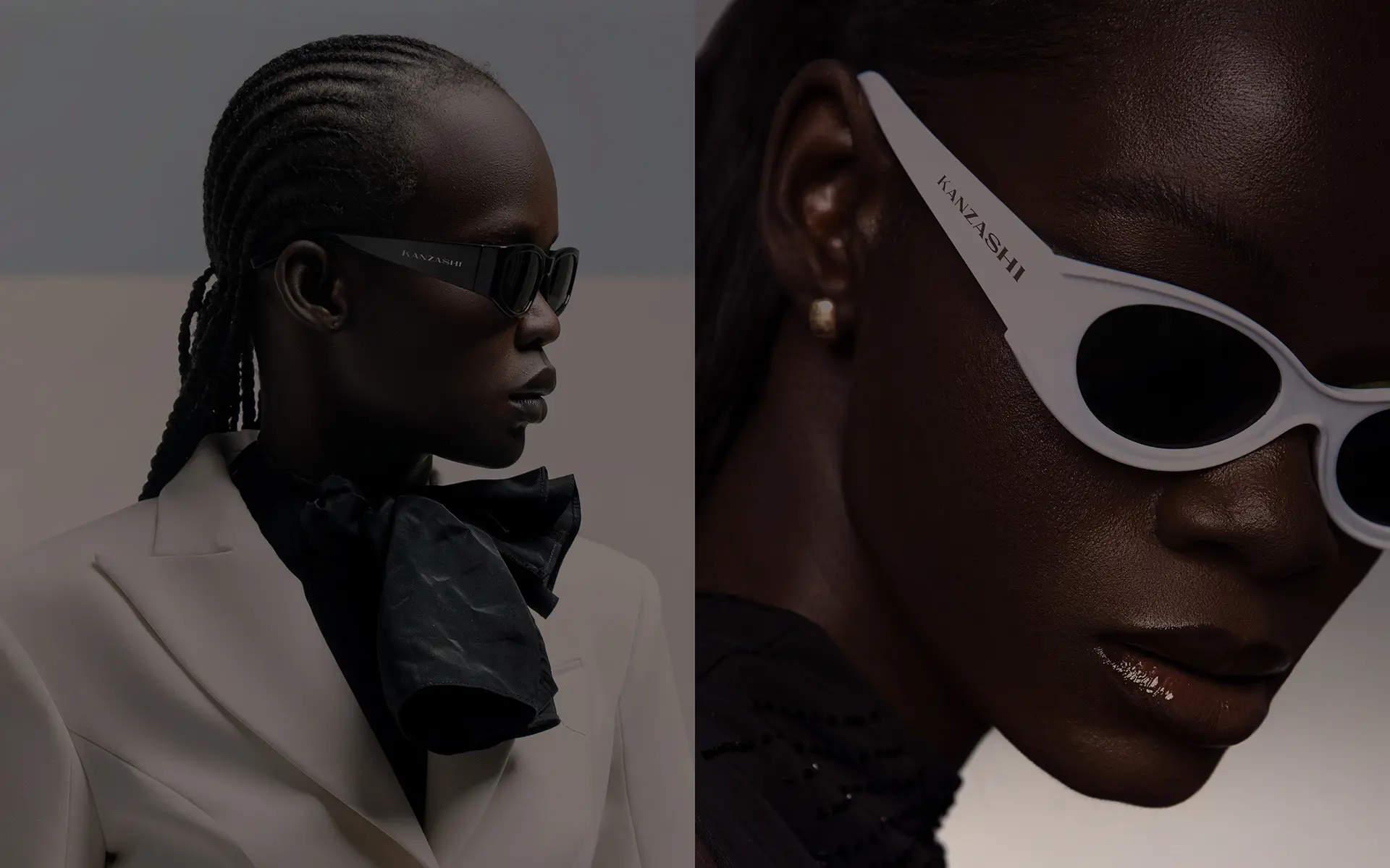 Editorial campaign photography for Kanzashi jewelry brand showing branded accessories in luxury fashion context