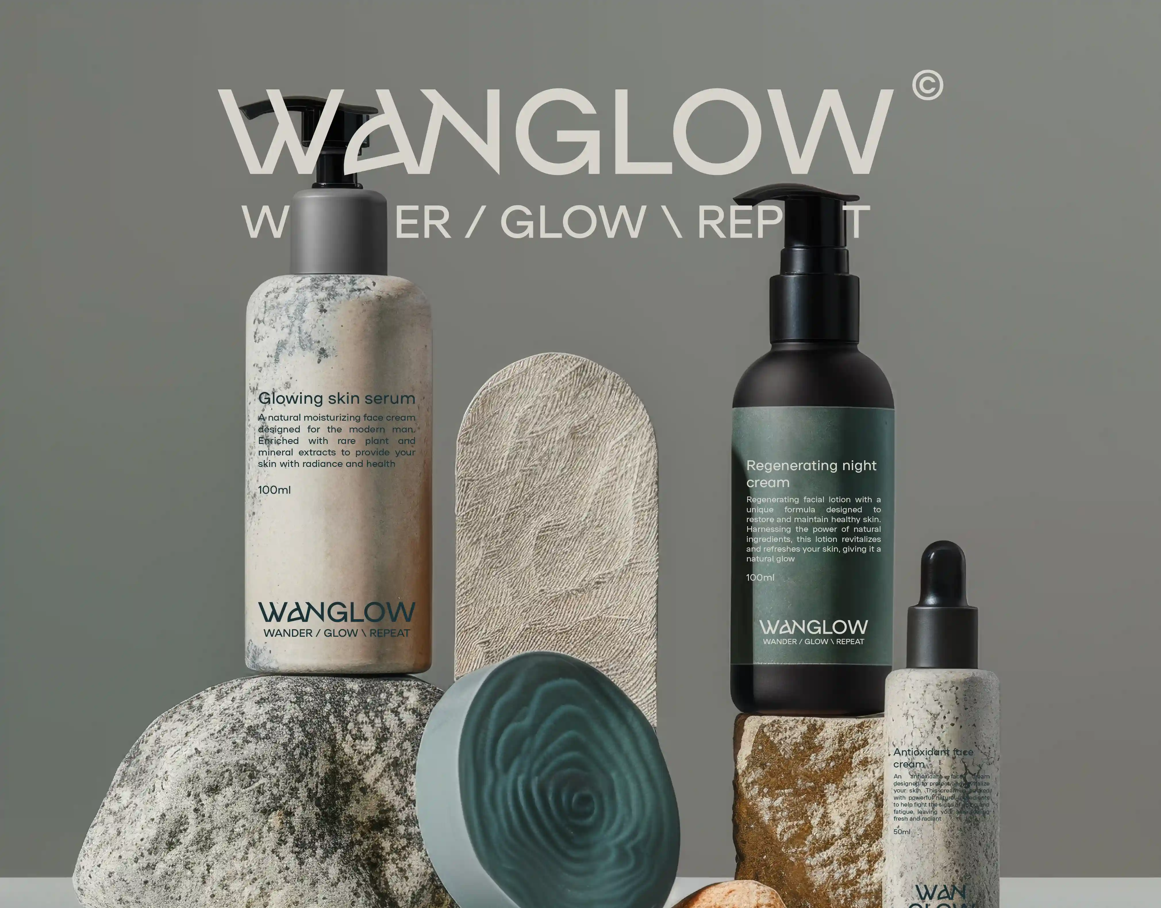Brand identity and packaging design for Wanglow premium men's skincare brand showing logo and product line