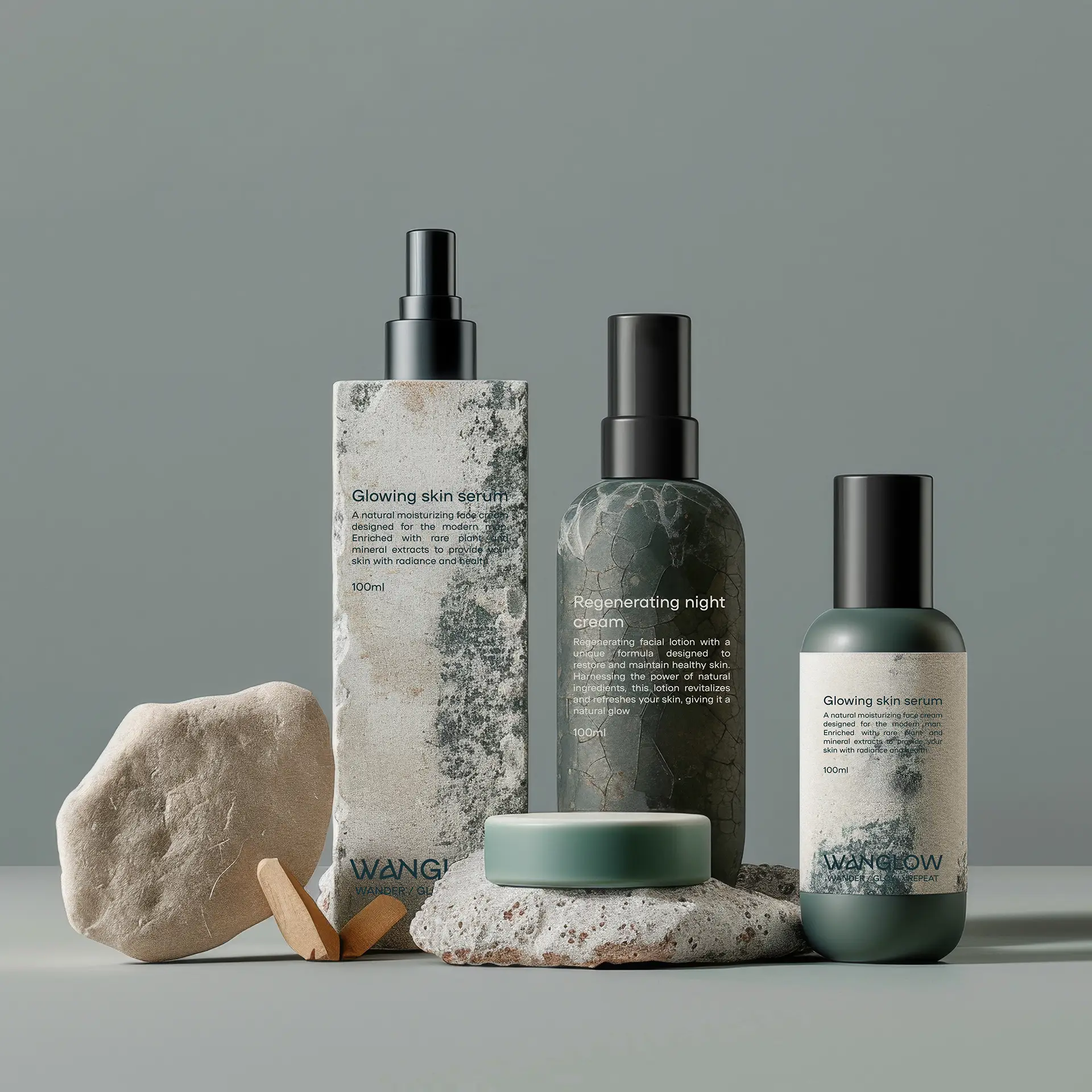 Product packaging design for Wanglow men's skincare brand showing branded bottles and boxes with natural texture materials