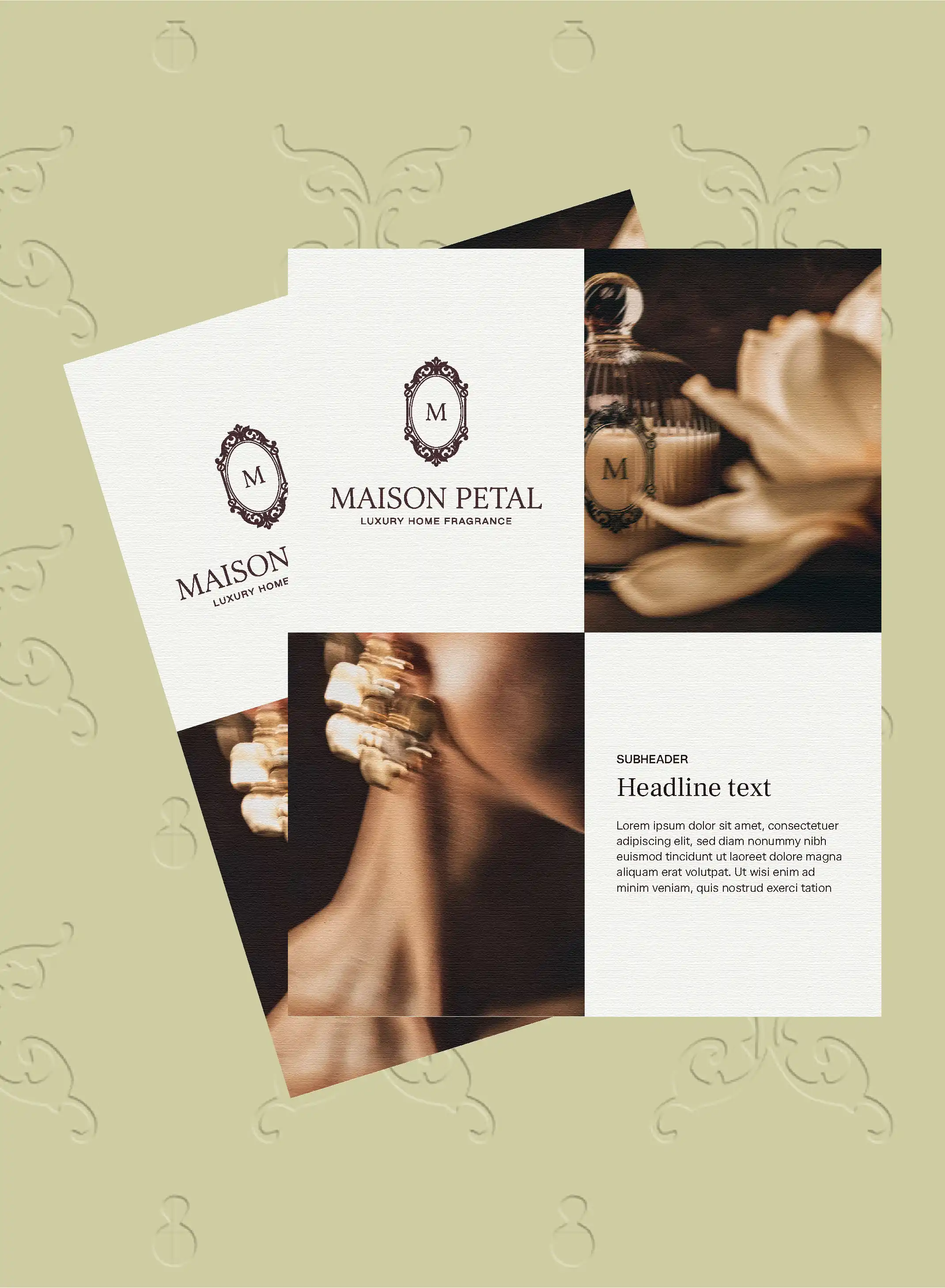 Brand identity and visual system design for Maison Petal luxury home fragrance, featuring an ornate monogram logo, custom typography, and printed brand collateral