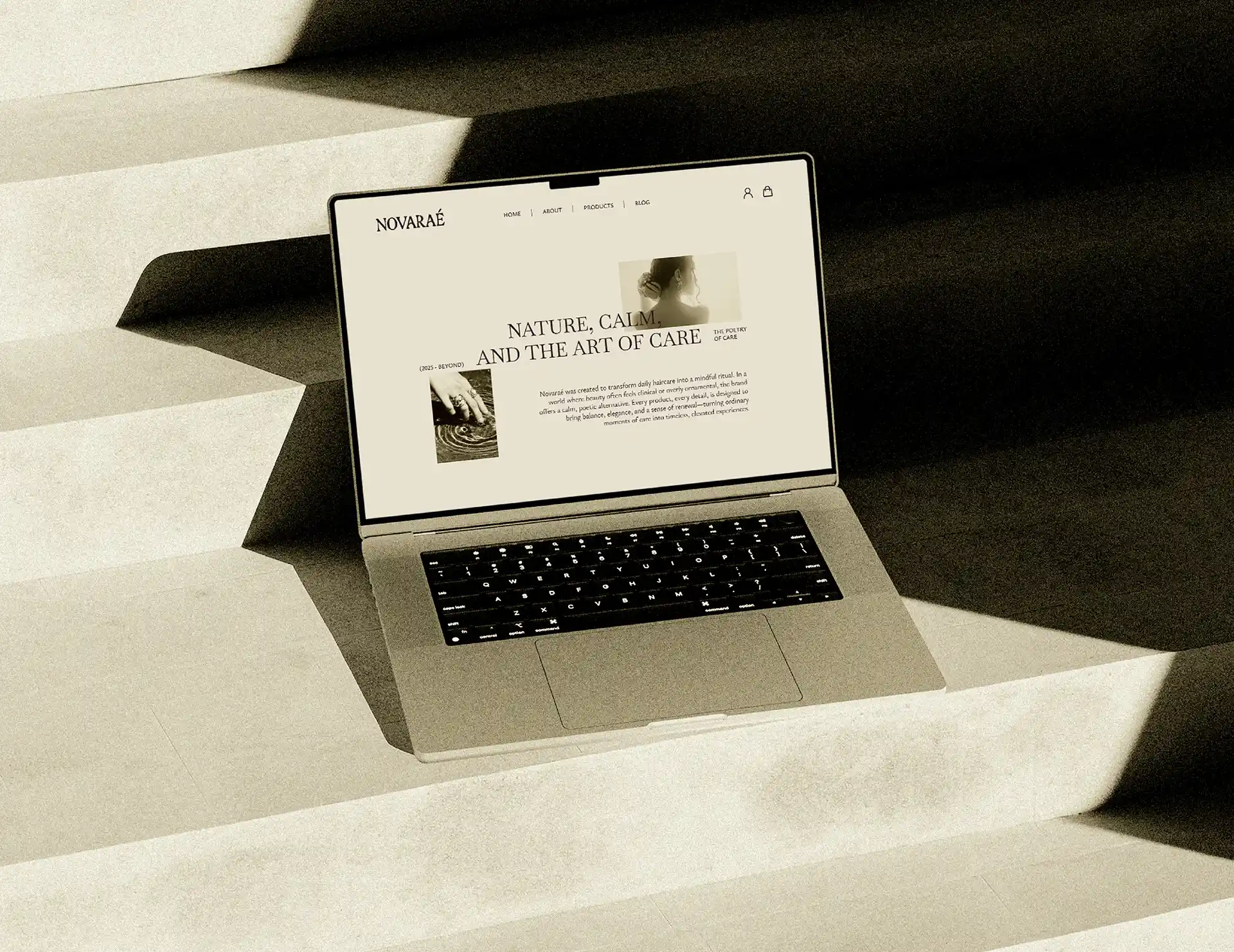 Laptop displaying a minimalist “Nature, Calm, and the Art of Care” webpage on geometric concrete steps, creating a calm, modern editorial mood.